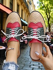 abordables Women's Clogs &amp; Mules-Women's 1950s Vintage Colorblock Wingtip Mule Oxford Shoes - Yellow Blue Slip-On Lace-Up Flats for Casual Street Style, Outings and Weekend Travel