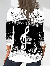 abordables T-shirt Art &amp; Design-Festival de musique Femmes T-shirt Graphique Musique ancien Élégant Classique manche longue Col en V Hauts Réguliers Quotidien Sortir Week-end Imprimé Noir et blanc Noir Blanche Printemps Automne