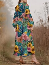 cheap Floral Dress-Women&#039;s Midi Dress Casual Dress Chiffon Swing Dress Modern Vacation Daily Weekend Regular Fit Floral Plaid Long Sleeve V Neck Yellow Blue Purple Orange Summer Spring Fall Autumn