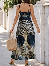 economico Abiti Boho-Abito lungo da donna con albero della vita, estivo, a trapezio, sottoveste, casual, per le vacanze, per uscire, in spiaggia, vestibilità regolare, grafico, tribale, etnico, senza maniche, scollo a V,