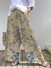 abordables jambe large et taille haute-Femmes Culottes Jambe Large Vacances ancien Style Ethnique Longueur complète Taille haute Fleuri Graphique Séchage Rapide Respirabilité Doux Non Elastique Extérieur Vacances Sport Jaune Couleur Rubis