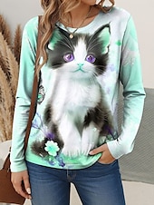 billige Dyrene tee-Dame T skjorte Blomstret Grafisk Katt Årgang Stilfull Klassisk Langermet Crew-hals Vanlige topper Daglig Helg Trykt mønster Rosa Blå Lilla Grønn Vår Høst