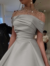 abordables Champagne-Robe de soirée en A Élégante Robe Formelle Longueur de sol Manches courtes Illusion Encolure Satin avec ruché perlé