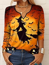 ieftine tricou Art &amp; Design-Halloween Pentru femei Tricou Ombre Grafic Geometric Epocă Stilat Clasic Manșon Lung Gât crestat Topuri obișnuite Zilnic Imprimeu Mov Portocaliu Trifoi Vară Primăvară Toamnă