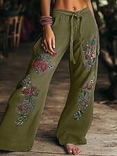  Pantalon large pour femme style bohème, longueur totale, imprimé floral naturel, poches, cordon de serrage élastique, confortable, extérieur, vacances, week-end, vert, été, coupe régulière