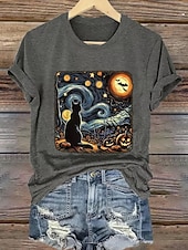 abordables Hauts d&amp;#39;Halloween-Halloween Femmes T-shirt Graphique Crâne Chat ancien Élégant Classique Manche Courte Col ras du cou Col rond Hauts Réguliers Quotidien Week-end Imprimé Noir Blanche Bleu Orange Gris Été Automne