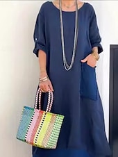 abordables concevoir des robes en coton et lin-Femmes Robe Longue Maxi Robe Robe Décontractée Mode Moderne Extérieur Vacances Fête Coupe régulière Uni manche longue Col ras du cou Blanche Jaune Rose Claire bleu marine Automne