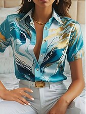 abordables Hauts d&#039;Art et de Design pour Femmes-Femmes Chemise Graphique 3D ancien Tropical Quotidien Manche Courte Col de chemise Hauts Réguliers Quotidien Bleu Vert Été Printemps