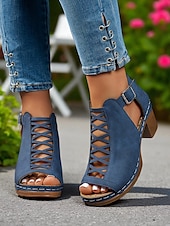 olcso Block Heels-női peep toe kivágott tömbsarkú bokacsizma hátsó cipzárral – stílusos nyári vastag sarkú cipő randevúkra, kerti partikra és szabadtéri rendezvényekre