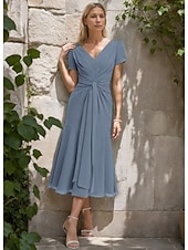 cheap Tea Length-A-Line Mother of the Bride Dress Formal Wedding Guest Elegant Simple Minimalist V Neck Tea Length Chiffon Short Sleeve with Pleats Ruched