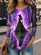 ieftine Topuri de Halloween-Halloween Pentru femei Tricou Grafic Vrăjitoare Epocă Stilat Casual Manșon Lung Stil Nautic Rotund Topuri obișnuite Zilnic Imprimeu Albastru piscină Mov Portocaliu Trifoi Vară Primăvară Toamnă