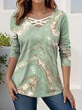 billige Stripe og geometrisk t-skjorte-Dame T skjorte Grafisk Geometrisk Gradert Årgang Stilfull Moderne Langermet V-hals Vanlige topper Daglig Sport Ut på byen Utskjæring Trykt mønster Grå og Hvit Svart Blå Grønn Vår Høst