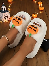 olcso Nőknek-női fehér, bolyhos halloweeni tökcipő – puha beltéri cipő vicces rajzfilmfigurás dizájnnal őszi és ünnepi otthoni viseletre