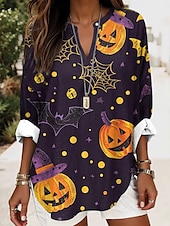 abordables Hauts d&#039;Art et de Design pour Femmes-Halloween Femmes Chemisier Graphique ancien Élégant Occasionnel manche longue Col en V Hauts Réguliers Quotidien Fête Imprimé Noir Bleu Bleu Poudré Violet Orange Été Printemps Automne