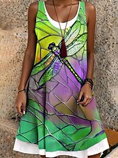 preiswerte Tiere kleiden-Damen Minikleid Sommerkleid A Linie Kleid Schulterfreies Kleid Urlaub Lässig Boho Täglich Normale Passform Grafik Tiermotiv Libelle Ärmellos Rundhalsausschnitt Blau Purpur Grün Sommer Frühling Herbst