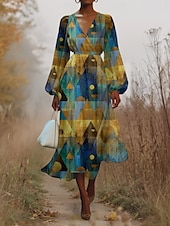 ieftine Rochie Artă și Design-Pentru femei Rochii Midi Rochie casual Șifon Rochie leagăn Modern Vacanță Zilnic Sfârșit de săptămână Fit regulat Geometric Manșon Lung În V Albastru piscină Mov Maro Trifoi Vară Primăvară Toamnă