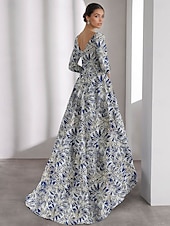 baratos Vestidos de Cocktail-vestido jacquard floral azul, vestidos de coquetel em linha A, vestido formal de gala com gravata preta, manga 3/4, decote em V com bolso, 2025