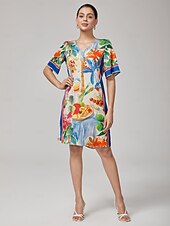preiswerte Blumenkleider-Minikleid mit geradem V-Ausschnitt und Fruchtblumenmuster