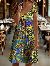 preiswerte Kunst &amp; Design Kleider-Damen Minikleid Strickkleid Freizeitkleid T-Shirt-Kleid Sommerkleid Elegant Urlaub Lässig Strand Normale Passform Grafik Geometrisch Abstrakt Kurzarm V Ausschnitt Gelb Blau Purpur Orange Sommer