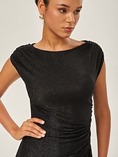 Weiblich Freizeitkleid Schwarz Kappenärmel Einfach Sommer Herbst Ganzjahresmode U-Boot-Ausschnitt Elegant Modern XS S M preiswerte Blumenkleider-Weiblich Freizeitkleid Schwarz Kappenärmel Einfach Sommer Herbst Ganzjahresmode U-Boot-Ausschnitt Elegant Modern XS S M