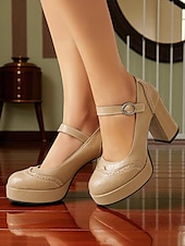 cheap 1950s-Women&#039;s Apricot Mary Jane Platform Pumps - 1950s Retro Chunky Heel Shoes with Brogue Detailing and Adjustable Strap for Office, Tea Parties, and Daily Wear
