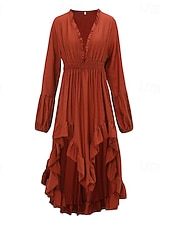 abordables Vestido Boho Occidental-Mujer Vestido Midi Vestido bohemio Vestido occidental Moda Moderno Exterior Vacaciones Festivos Ajuste regular Plano Manga Larga Escote en Pico Naranja Verano