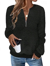 billige Teksturert hettegensere og sweatshirt-Dame Teksturert genser Pullover عادي Gatemote Fritid Behagelig Langermet V-hals Vanlige topper Gate Ferie Ut på byen Quarter Zip Svart Hvit Rosa Grå Høst