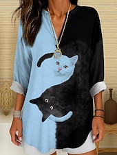 billige Dyr Topp-Kvinnes Bluse Tunika V-hals Lange Ermer Boho Casual Sommer Topper Grafisk Dyr Katt Vintage Tropisk Vanlige Topper Daglig Bruk Print Svart Og Hvit Gul Rosa Rød Blå