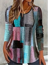 economico T-shirt a righe e geometrico-Pasqua Per donna Maglietta Grafico Geometrico Plaid Vintage Elegante Classico Manica Lunga Girocollo Top Regolari Quotidiano Stampato Rosa polverosa Blu Estate Primavera Autunno