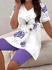 cheap Women’s Short Sets-Women&#039;s Fashion Daily T Shirt Shorts Sets Short Sleeve V Neck Ombre Floral Butterfly Print Daily Casual Daily Light Green Grape Ocean Blue Summer Regular Fit