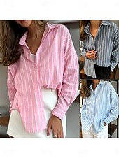 voordelige Dames Strepen &amp; Geometrische Tops-Dameshemd Button Down Blouse Grafisch Geometrisch Gestreept Vintage Tropisch Dagelijks Lange Mouw Shirt Button Down Blouse Kraag Reguliere Tops Werk Dagelijks Vakantie Knopen Print Roze Luchten Blauw