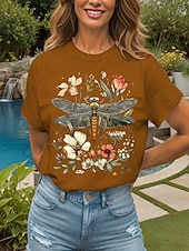 abordables T-shirt Animaux-Femmes T-shirt Fleuri Graphique Libellule ancien Élégant Classique Manche Courte Col ras du cou Col rond Hauts Réguliers Quotidien Week-end Imprimé Noir Blanche Jaune Rose Claire Rouge Été Printemps