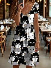 preiswerte Tiere kleiden-Damen Minikleid Freizeitkleid T-Shirt-Kleid A Linie Kleid Sommerkleid Urlaub Lässig Ferien Normale Passform Grafik Tiermotiv Katze Kurzarm Rundhalsausschnitt V Ausschnitt Schwarz und Weiß Gelb Rosa