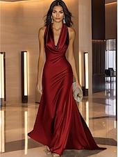abordables Champagne-Robe de soirée dorée élégante, robe de mariée formelle, traîne à balayage / pinceau, sans manches, col bénitier, satin avec fronces 2025