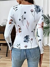 economico T-shirt floreale-Per donna Maglietta Floreale Grafico Piante Moda Classico Casual Manica Lunga Collo quadrato Top Regolari Quotidiano Stampato Bianco Primavera Autunno