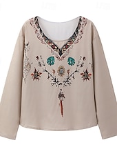 levne Boho topy-Dámské Západní halenka Boho košile Halenka Květiny Moderní Na běžné nošení Dlouhý rukáv Do V Běžné topy Denní Dovolená Jdeme ven Tisk Meruňková Léto