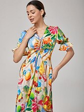 abordables Robes décontractées-Femmes Féminin Robe Décontractée Robe Midi Arc-en-ciel Manche Courte Floral Été Printemps Inter-saisons Col en V Vacances Bohème XS S M