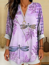 abordables Animaux Tops-Femmes Chemisier Graphique Animal Libellule ancien Tropical Quotidien manche longue Col en V Hauts Longs Quotidien Fête Tenue de plage Imprimé Champagne Rose Claire Bleu Violet Vert Été Printemps