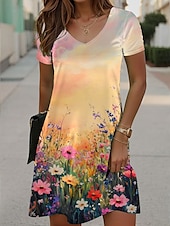 abordables Robe Fleurie-Femmes Mini Robe Robe T-Shirt Robe d&#039;Été Robe trapèze Vacances Occasionnel Fête Plage Coupe régulière Fleuri Manche Courte Col en V Jaune Violet Orange Été Printemps