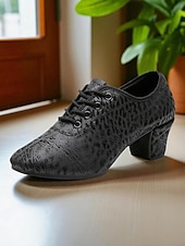 abordables Chaussures de jazz-Chaussures de danse à lacets noires à motif léopard pour femmes - Chaussures de jazz professionnelles à talon bas pour danseuses et entraînement en studio