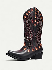 baratos Para mulheres-Botas de cowboy femininas bordadas com chamas pretas - botas retrô de festival até o joelho com salto baixo para festivais de música, fantasias de Halloween e cosplay