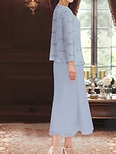 tanie Z kurtką-cekinowa koronkowa dwuczęściowa sukienka dla matki panny młodej elegancka prosta luksusowa szyfonowa łódkowata z dekoltem midi długość bez rękawów z długim rękawem żakiet 2025