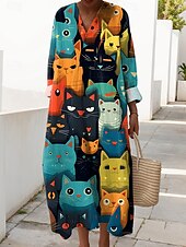 preiswerte Streifen- und geometrische Kleider-Damen Midikleid Sommerkleid Shiftkleid Urlaub Lässig Strand Ausgehen Strand Lässiger Schnitt Grafik Tiermotiv Langarm V Ausschnitt Schwarz Weiß Grün Sommer Frühling Herbst