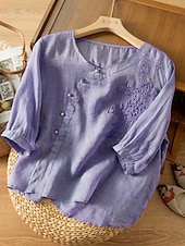 tanie Koszule-Damskie Koszula Bluzka Koszule bawełniane lniane Jednokolorowe Elegancki Codzienny Rękaw 3/4 Półgolf Zwykłe topy Codzienny Haft Guziki Żółty Czerwony Fioletowy Zielony Lato Wiosna
