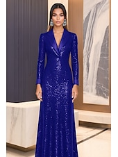 cheap BLACK-Black Tuxedo Dress A-Line Evening Gown Blazer Dress Formal Wedding Floor Length Long Sleeve V Neck Satin Peak Lapel with Stretch Sequin 2025