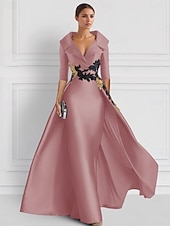 abordables ROUGE-Robe de soirée vintage A-line rouge robe élégante en tuxedo longueur au sol manches 3/4 col de chemise en satin avec appliques