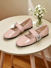 cheap Women&#039;s Flats-Women&#039;s Almond Patent Leather Mary Jane Flats with Rhinestone Buckle  - 1960s Mod Style Comfortable Ballet Shoes for Teens and Ladies, Ideal for School, Parties, and Daily Wear