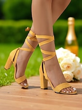 preiswerte Nachtleben Party-Beige Damen-Sandalen mit Blockabsatz und Schnürung – Riemchen-Partyschuhe mit offener Spitze für das Nachtleben und Abendveranstaltungen