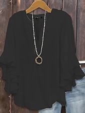economico Top Semplici da Donna-Per donna Blusa Tinta unica Elegante Manica 3/4 Scollo a V Top Regolari Quotidiano Volant Nero Bianco Rosa Verde militare Primavera Autunno