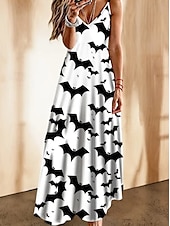 economico Abito di Halloween-Per donna Abito Midi Vestito Estivo Abito a trapezio Abito Sottoveste Vacanza Casual Vacanza Quotidiano Spiaggia Vestibilità regolare Grafico Foglia Tropicale Senza Maniche Scollo a V Bianco e nero